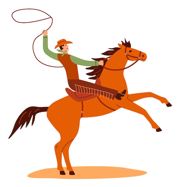 Wild west horseman on horse back with lasso in hand Western cowboy in hat riding horseback American rodeo season Flat vector illustration