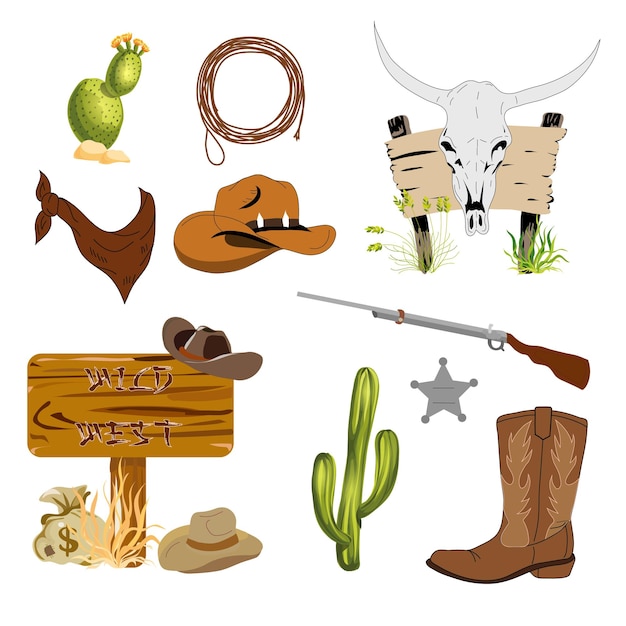 Wild west icons texas timber road sign cactus cow skull cowboy hat isolated on white