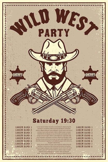 Vector wild west party poster template. cowboy hat with crossed revolvers. wild west theme. design element for poster, card, banner, flyer. 