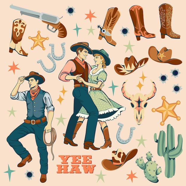 Vector wild west retro symbols cartoon set in flat vector