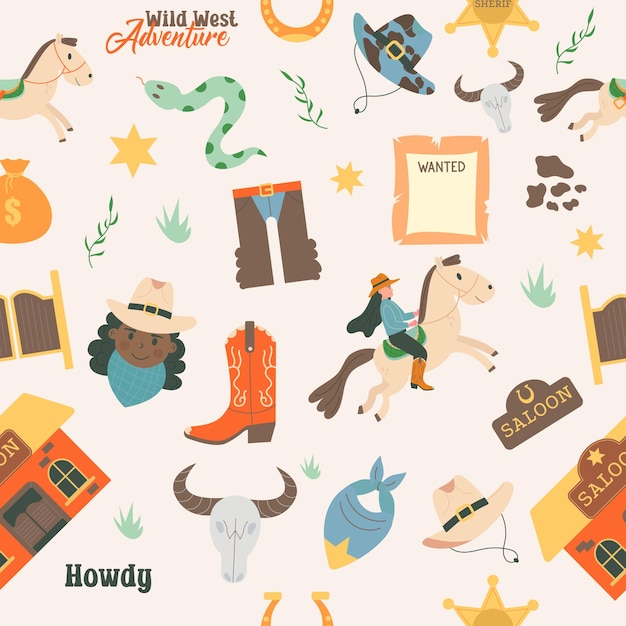 Vector wild west seamless pattern with lettering