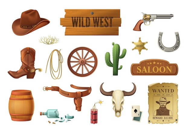 Wild west symbolen cartoon set met cowboy hoed pistool cactus dynamiet lasso saloon uithangbord gezocht poster op witte achtergrond geïsoleerde vectorillustratie