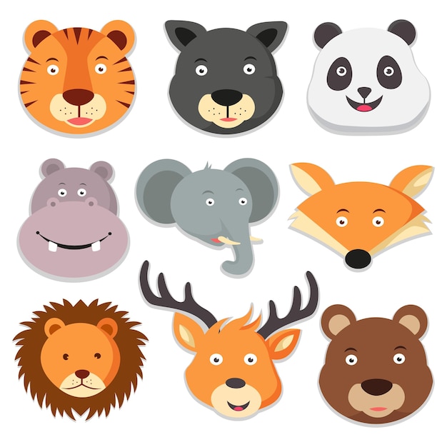 Wildlife animals cartoon icons set of tiger panda hippo elephant fox lion deer vector illustration