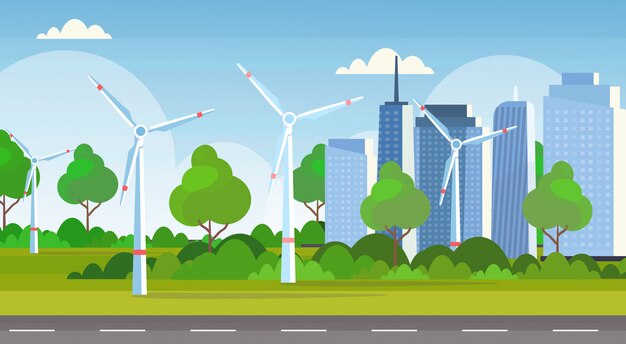 Vector wind turbines field clean alternative energy source renewable station concept modern cityscape skyline background  horizontal