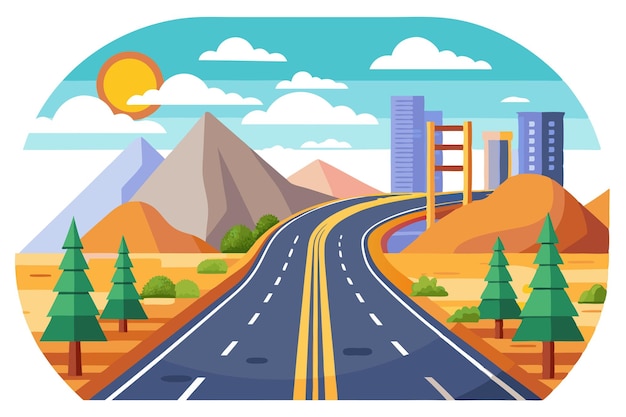 Vector winding highway through desert landscape with city skyline in distance