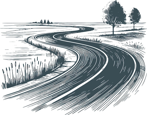 winding road to the horizon going through a meadow with sparse trees vector drawing engraving