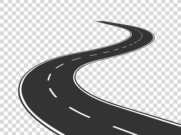 Vector winding road. journey traffic curved highway. road to horizon in perspective. winding asphalt empty line isolated concept