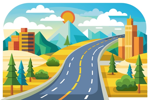 Vector a winding road through a mountainous landscape with a cityscape in the distance