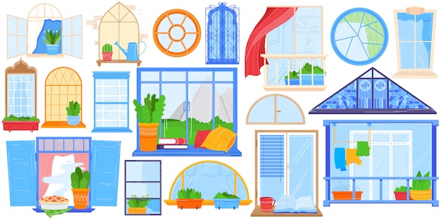 Vector window, home balcony   illustration, cartoon  house set with window frames decorating curtains or flowers pot, railing