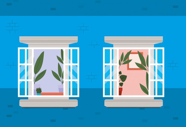 Windows from outside with view into the blue house vector design