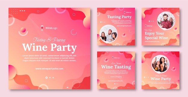 Vector wine party instagram post set