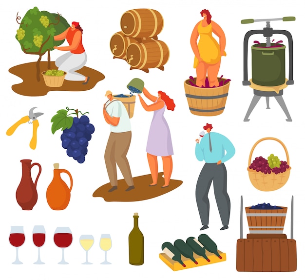 Wine and winemaking illustration set, farmer winemaker characters harvesting, pressing, making wine