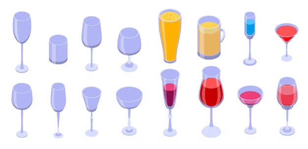 Wineglass icons set, isometric style