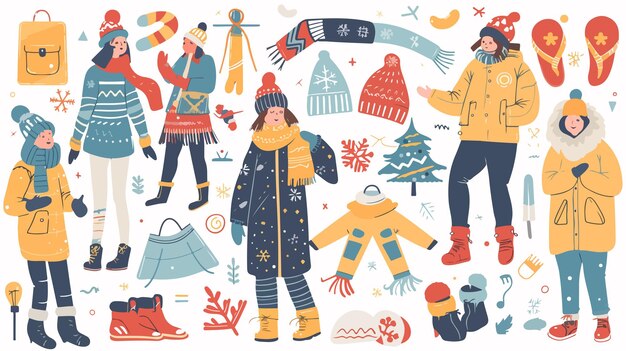 Vector winter activities featuring various people in cozy winter clothes