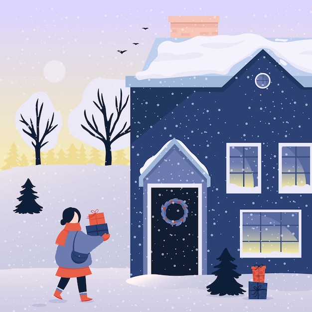 Vector winter christmas background woman with gifts.