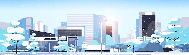 winter city snowy downtown with skyscrapers business buildings sunshine cityscape flat horizontal vector illustration