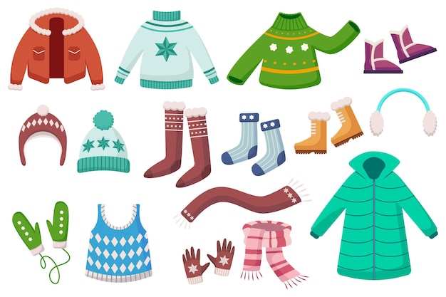 Winter clothes shoes and accessories vector illustrations set