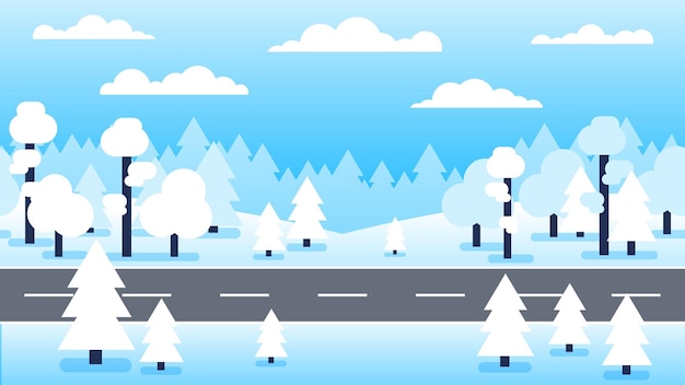 Vector winter forest snowy landscape with road