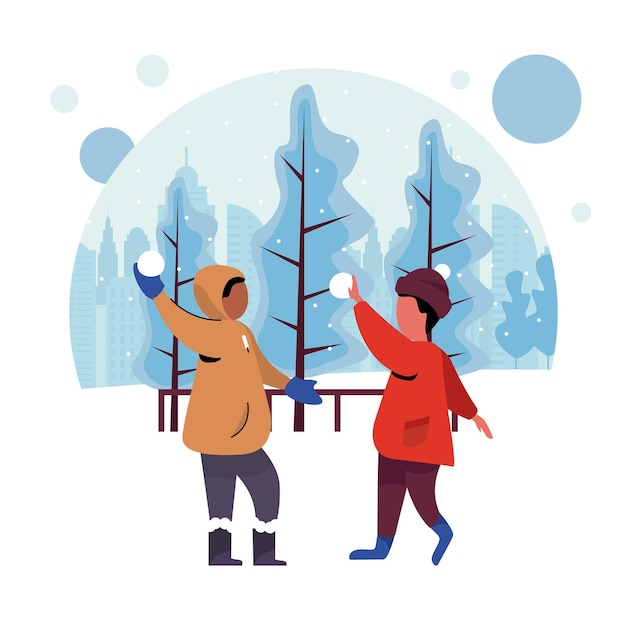 Winter holidays people fun in snow childre playing illustration