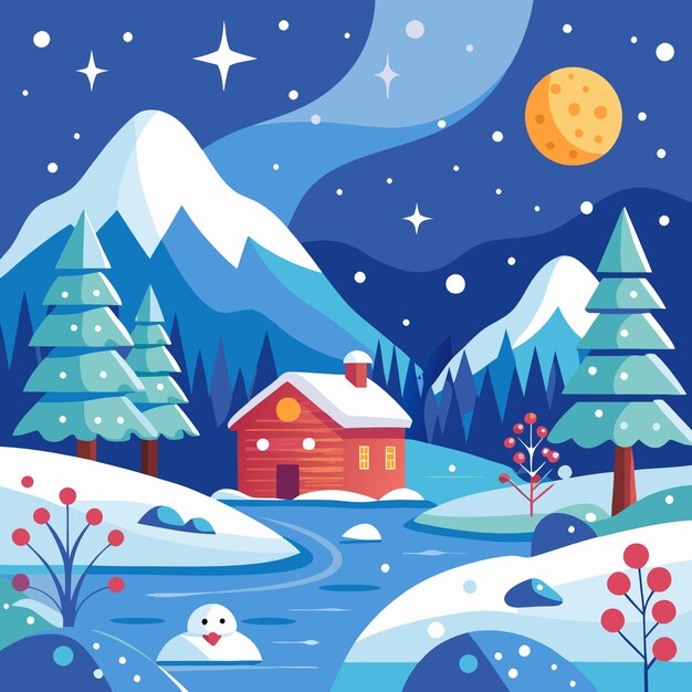 Vector winter landscape with a cozy cabin snowcapped mountains and a winding river