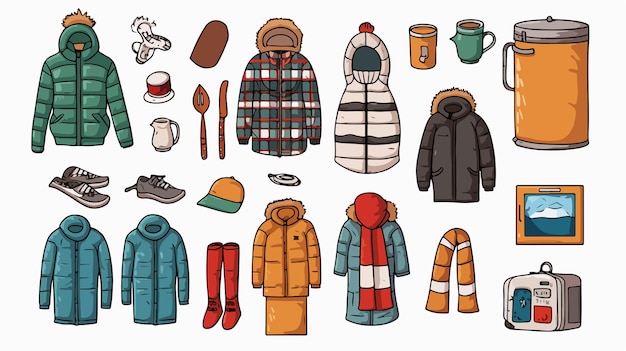 Vector winter mens wardrobe doodle style clothing illustration