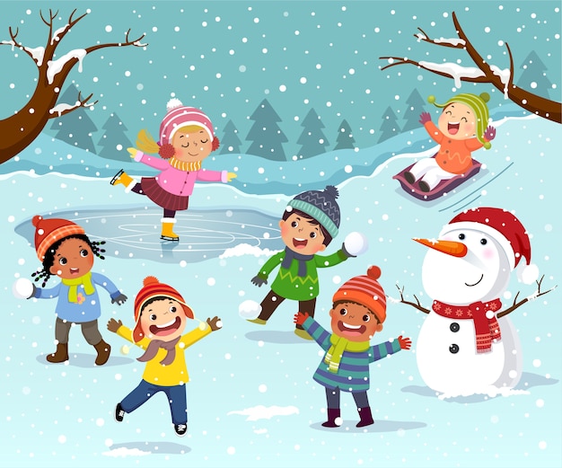 Vector winter outdoor activities with kids and snowman