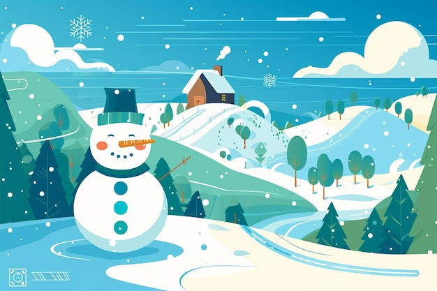 Vector winter scene with snowman illustration