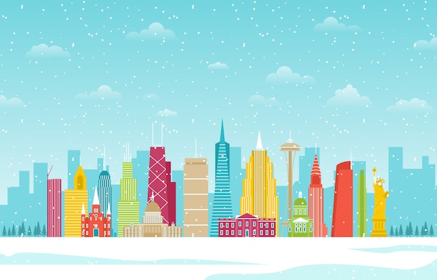 Winter Snow in America City Cityscape Illustration