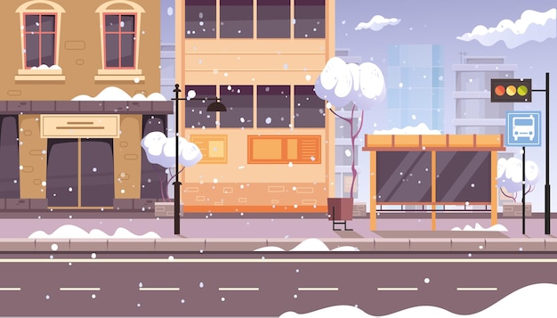 Winter snow city street building snowy urban house flat graphic design element concept