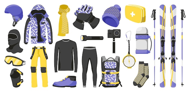 Winter sportswear flat icons set Different equipment for skiing Skis goggles ski suit helmet underwear clothes and warm socks Clothes collection for active travel Isolated vector illustrations