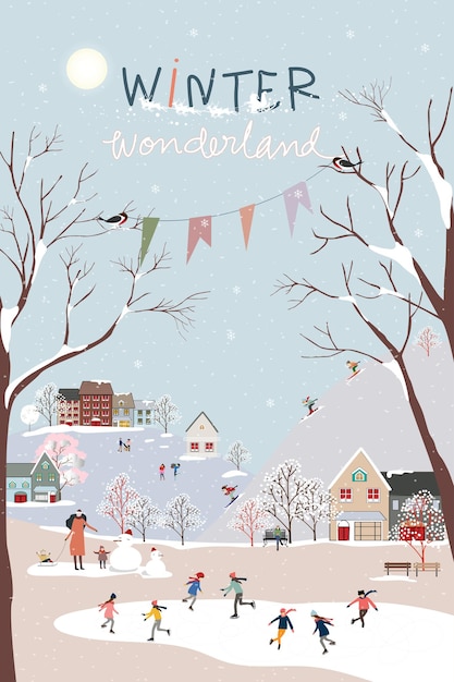 Vector winter wonderland landscape background at night with people celebration and kids having fun at park in village.vector illustration cute cartoon for greeting card  or banner for christmas or new year