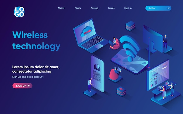 Vector wireless technology concept 3d isometric web landing page people use wifi hotspot to get access