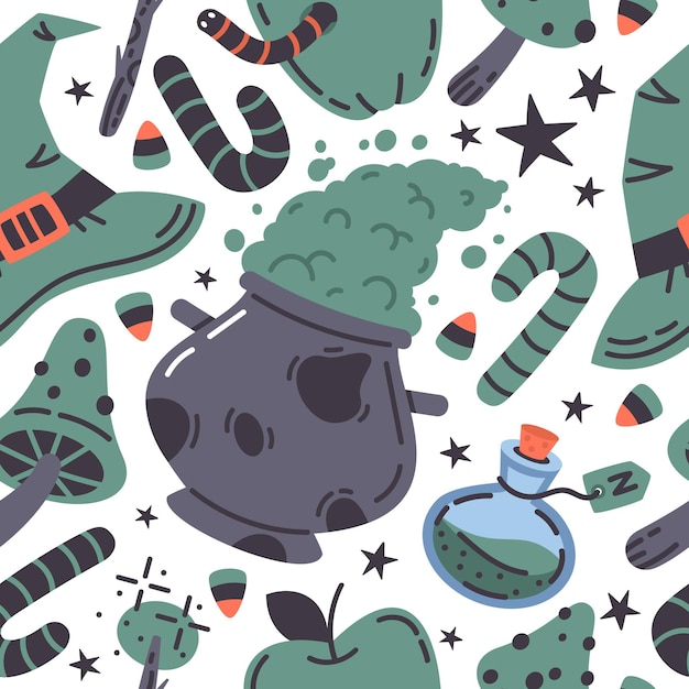 Witchcraft Halloween spooky doodle witch cauldron hat poison icons vector seamless pattern
