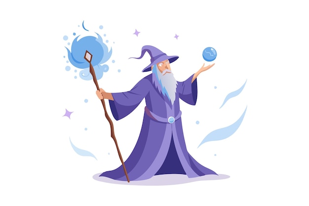 Vector wizard holding a staff and casting spell