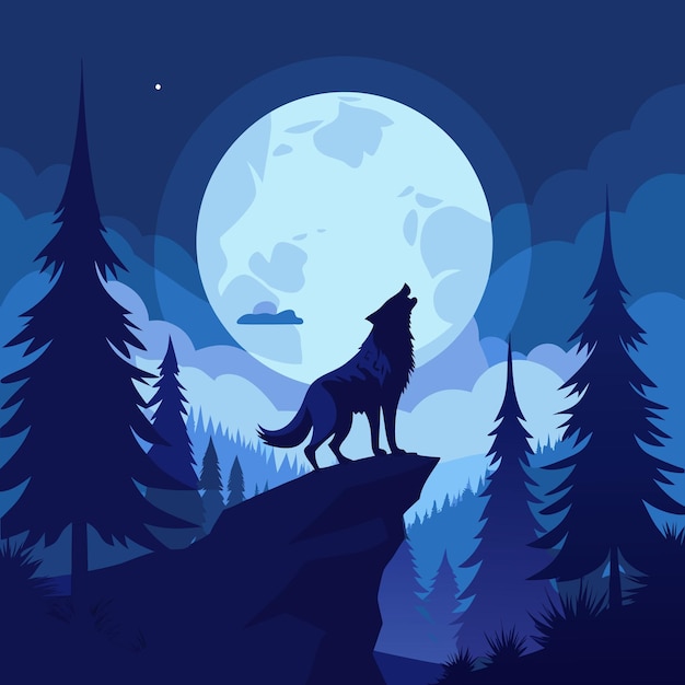 Vector a wolf howling at a full moon on top of mountain in the forest at night vector illustrator