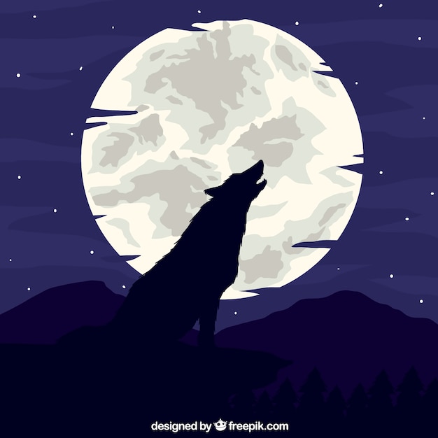 Vector wolf howling at the moon background