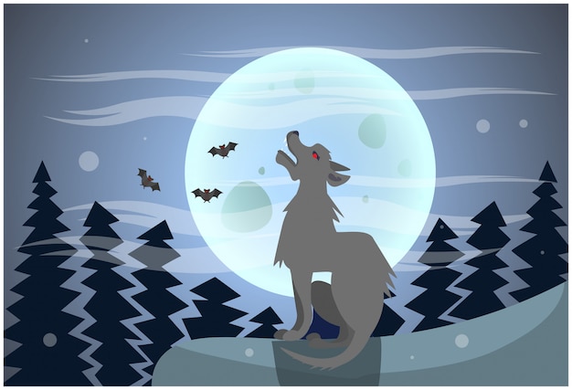 Wolf Howling On Moon At Night Happy Halloween