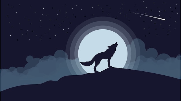 Vector wolf howling night landscape concept design illustration