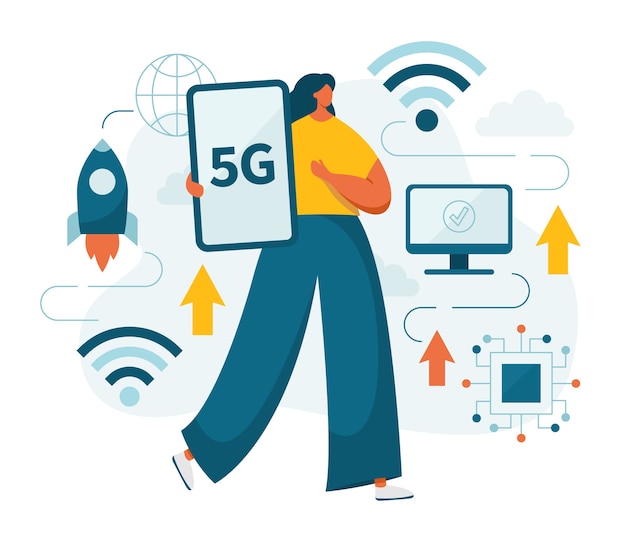 Vector woman and 5g network fifth generation telecom with mobile devices, smartphones, computers