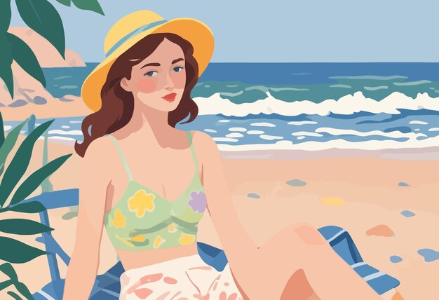 Vector a woman in a beach with a hat on sitting on the sand