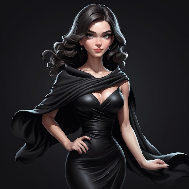 Vector woman in a black dress with character black background