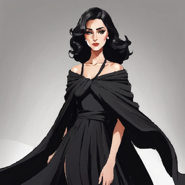 Vector woman in a black dress with character black background