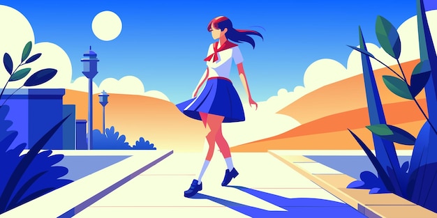 a woman in a blue skirt is walking in front of a mountain