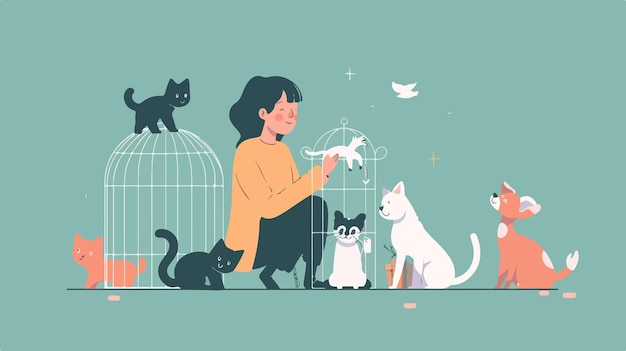 Vector a woman in a cage with cats and birds