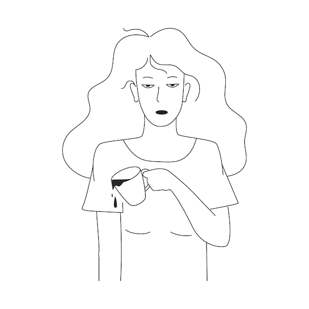 Woman  coffee flat vector illustration Morning routine concept Sleepy girl holding a cup of coffee