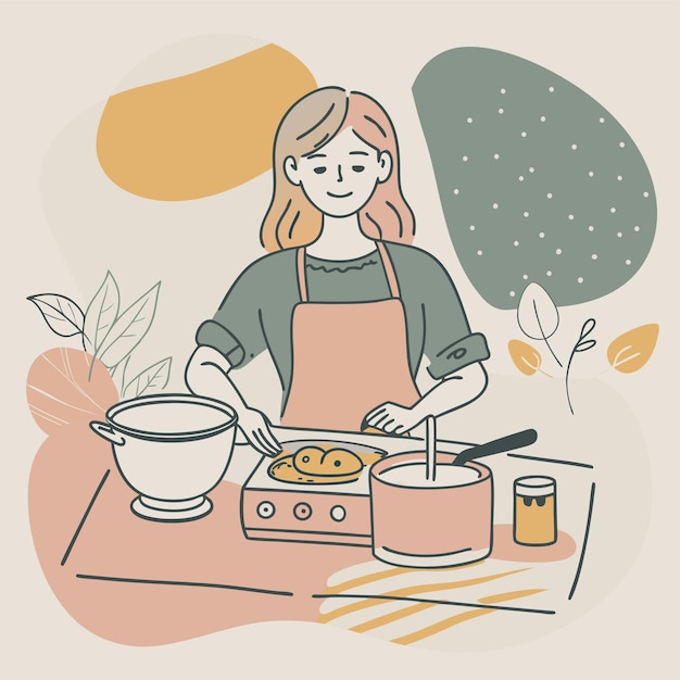 Vector a woman cooking on a stove with a hat on it