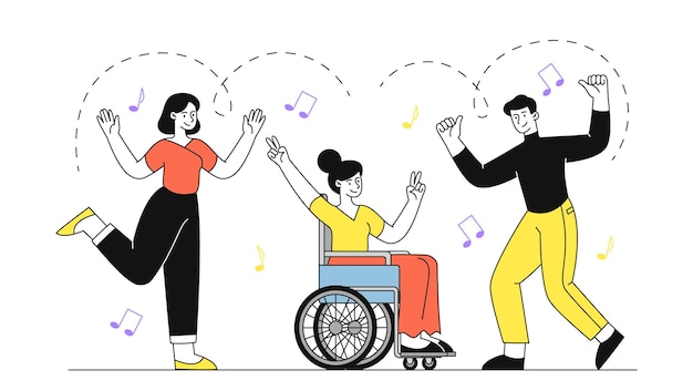 Vector woman dancing at wheelchair simple young girl dance with man active lifestyle and leisure people at