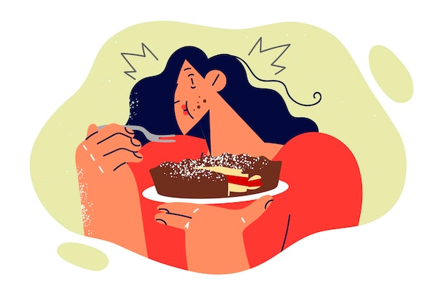 Vector woman eats cake and stands with mouth full greedily eating highcalorie dessert from pastry shop