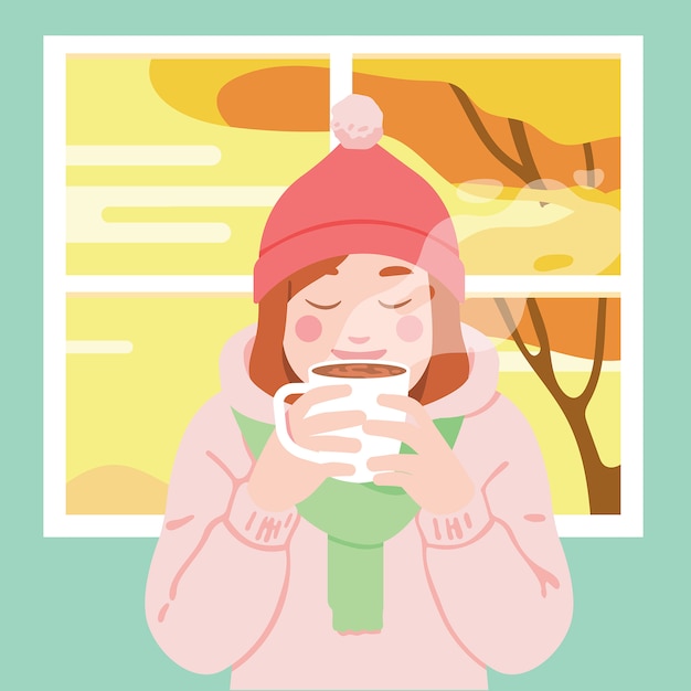 Vector woman enjoy her coffee/tea/chocolate at home in autumn