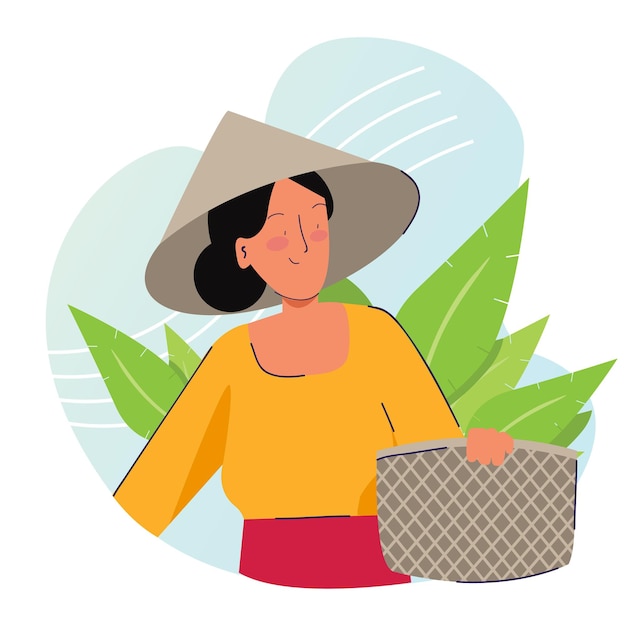 Vector woman farmer holding basket wearing cap in tobacco or tea leaf plantation harvesting traditional farming organic nature